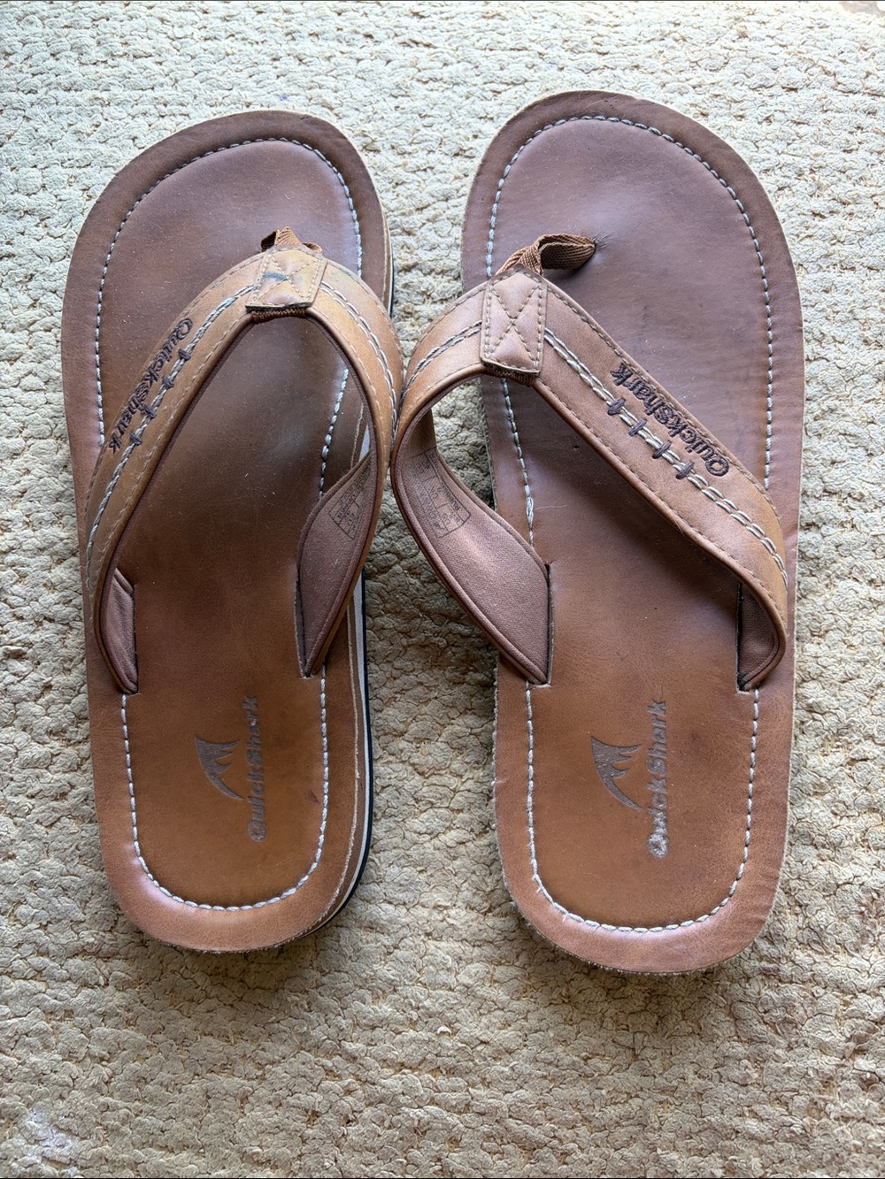 Men's Brown Leather Flip-Flops with Stitched Straps- EUC